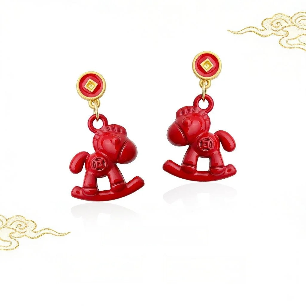 Chinese Style Horse Zodiac Enamel Copper Drop Earrings For Women