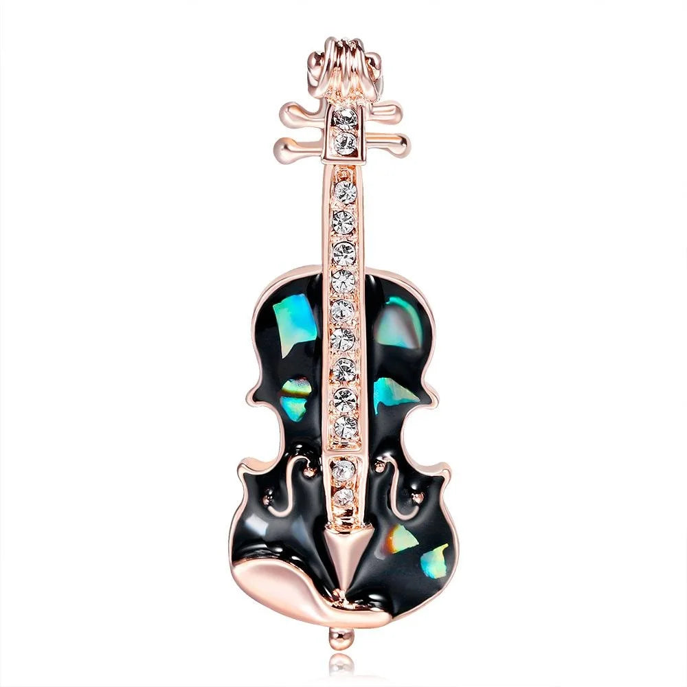 Elegant Violin Brooch With Black Enamel Mother Of Pearl And Rhinestone Zircon, Women's Lapel Pin Gift