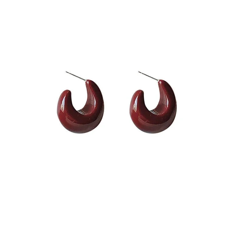 Vintage Wine Red Resin Teardrop Stud Earrings For Women Silver Plated Needle Hong Kong Style