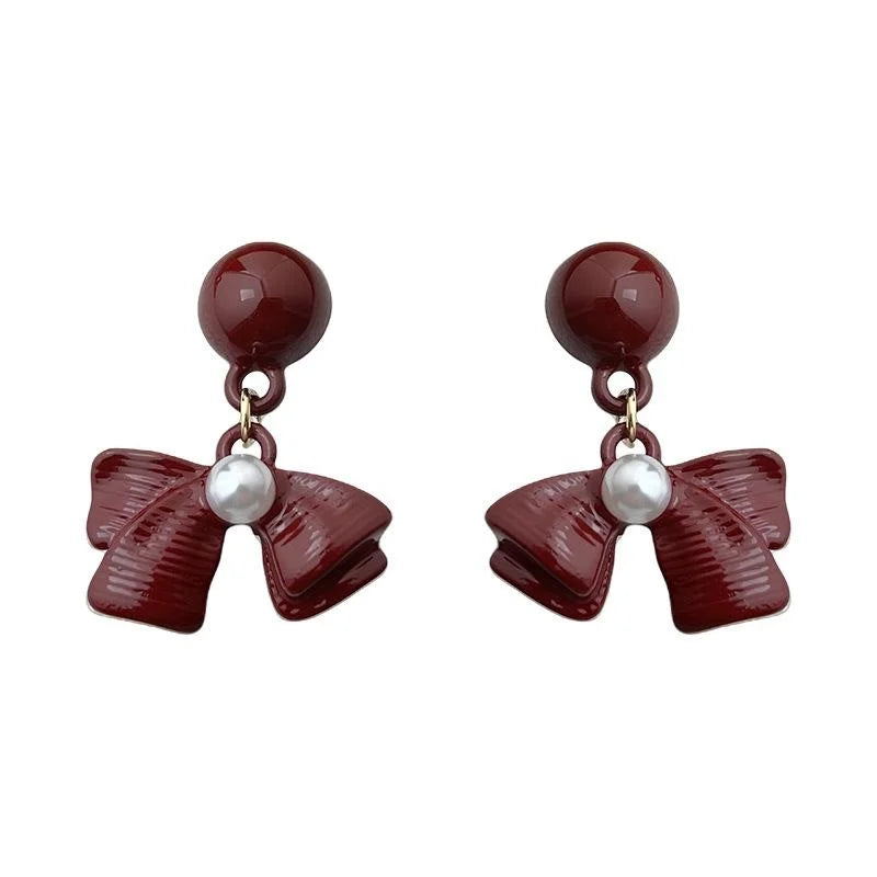 Burgundy Enamel Metal Bow Drop Earrings Retro Hong Kong Style Autumn Winter Jewelry