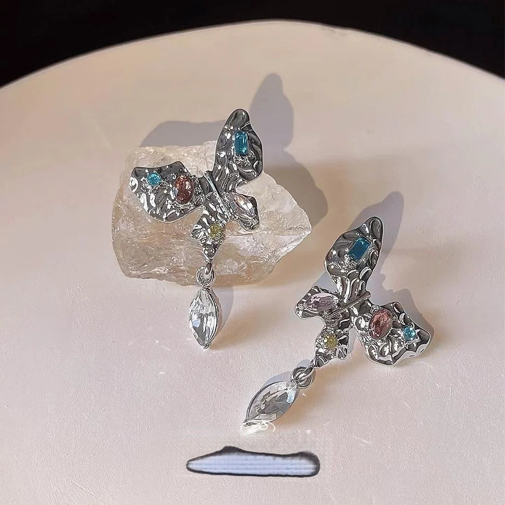 Sweet Cool Glass Crystal Rhinestone Butterfly Drop Earrings With Silver Plated Pins