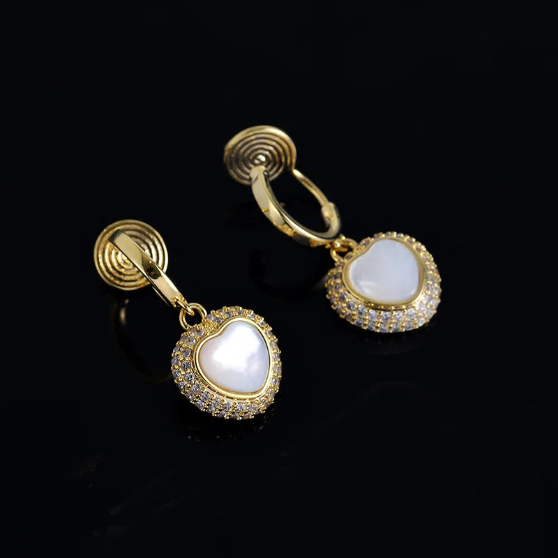 Elegant Heart Shell Pearl Zircon Stud & Clip On No Piercing Luxury Gold Alloy Drop Earrings