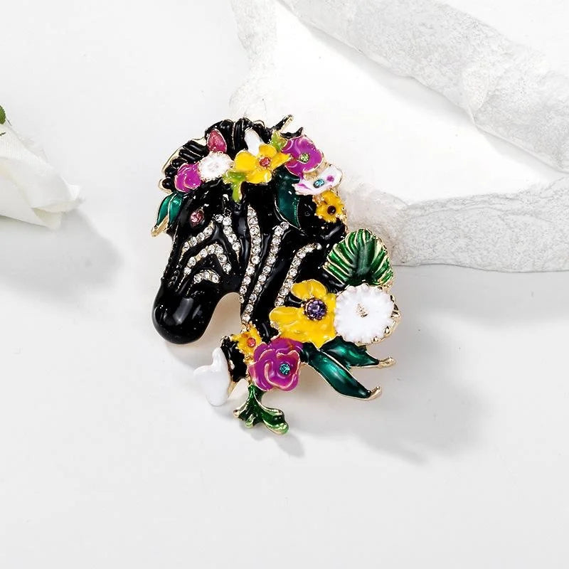 Elegant Enamel Zebra Head Brooch With Rhinestone Floral Wreath, Animal Lapel Pin Suit Accessory Gift
