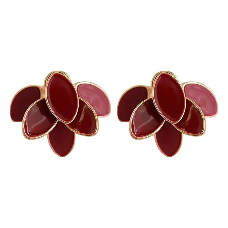French Vintage Burgundy Enamel Copper 3D Leaf Two-Way Designer Drop Earrings