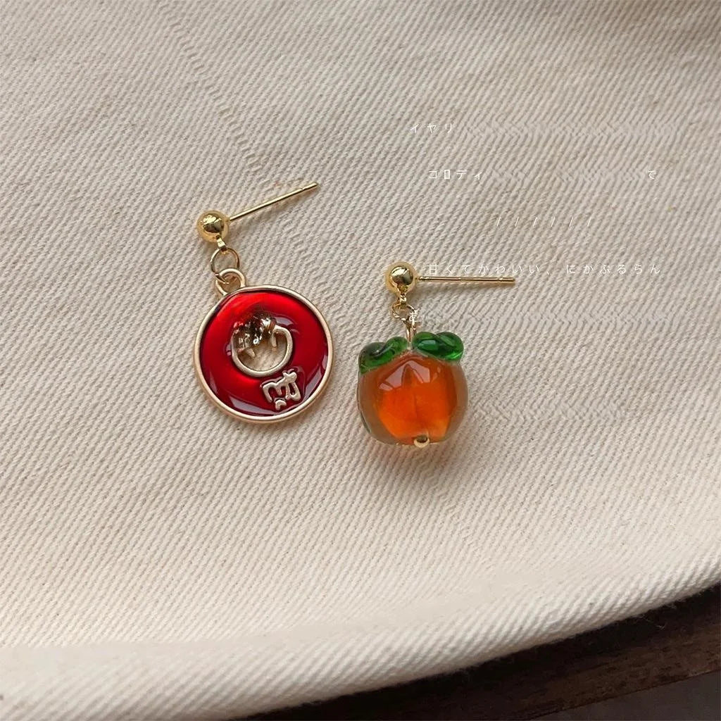 Handmade Chinese Style Asymmetrical Persimmon Ingot Glass Crystal Drop Earrings