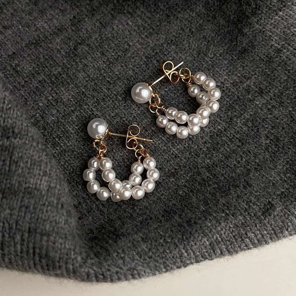 Fresh Sweet Minimalist Faux Pearl Geometric Round Hoop Drop Earrings Handmade Spring Jewelry