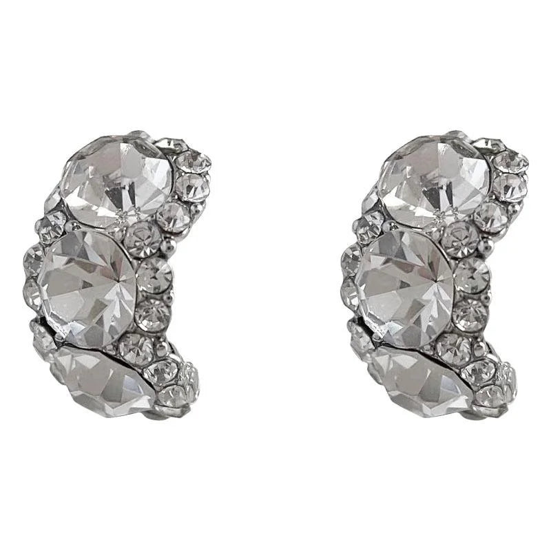 Sparkly Rhinestone U-Shaped Copper Drop Earrings, Silver-Plated Minimalist Commuter Jewelry
