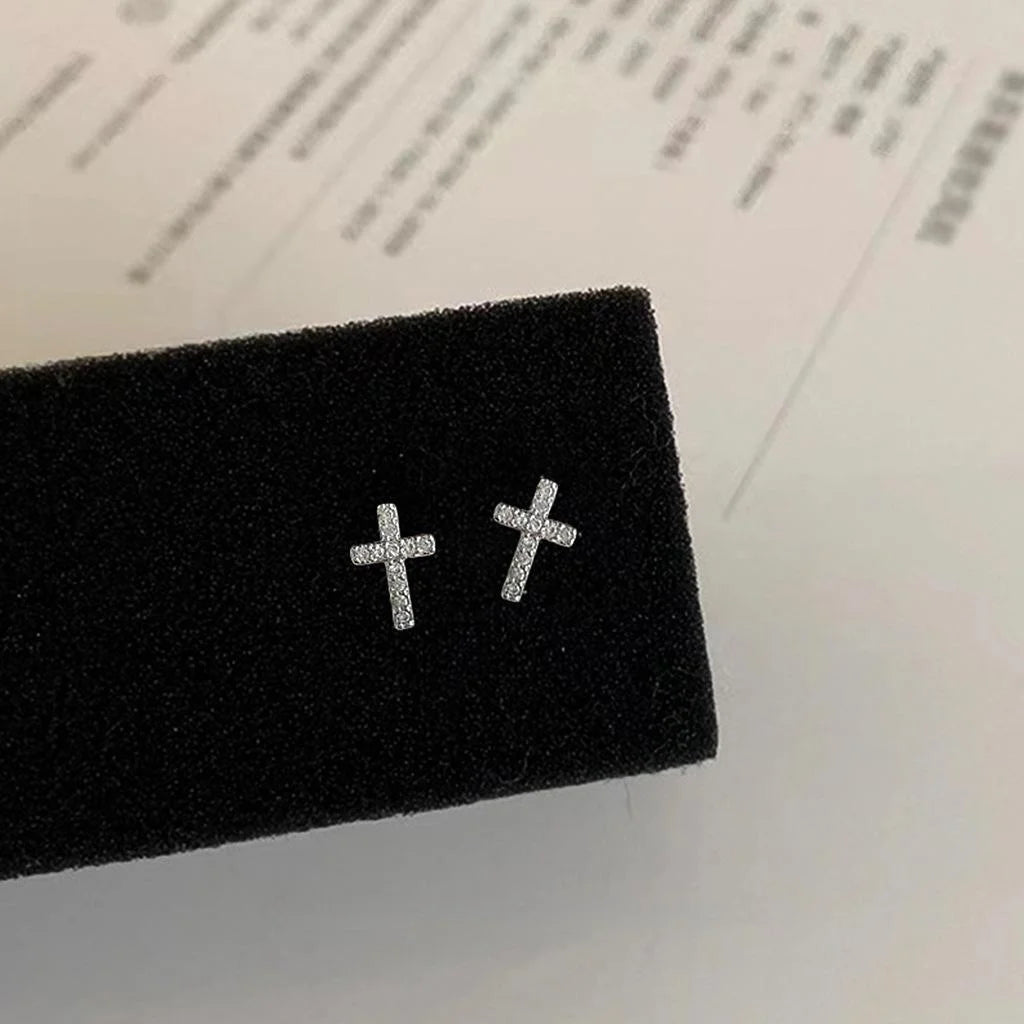 Minimalist Copper Micro Pave Zircon Cross Stud Earrings For Women, Mini Geometric Jewelry