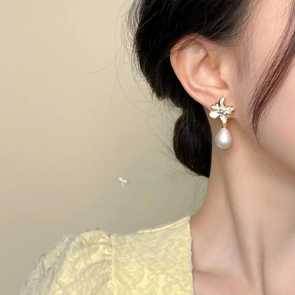 Elegant White Iris Flower Drop Earrings With Zircon Pave, Enamel, 14K Plated Copper And Pearl