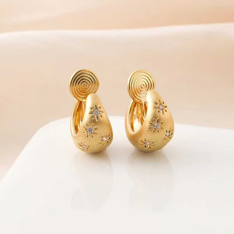 Elegant Brushed Gold Alloy Teardrop Hoop Star Zircon Stud & Clip On No Piercing Huggie Earrings