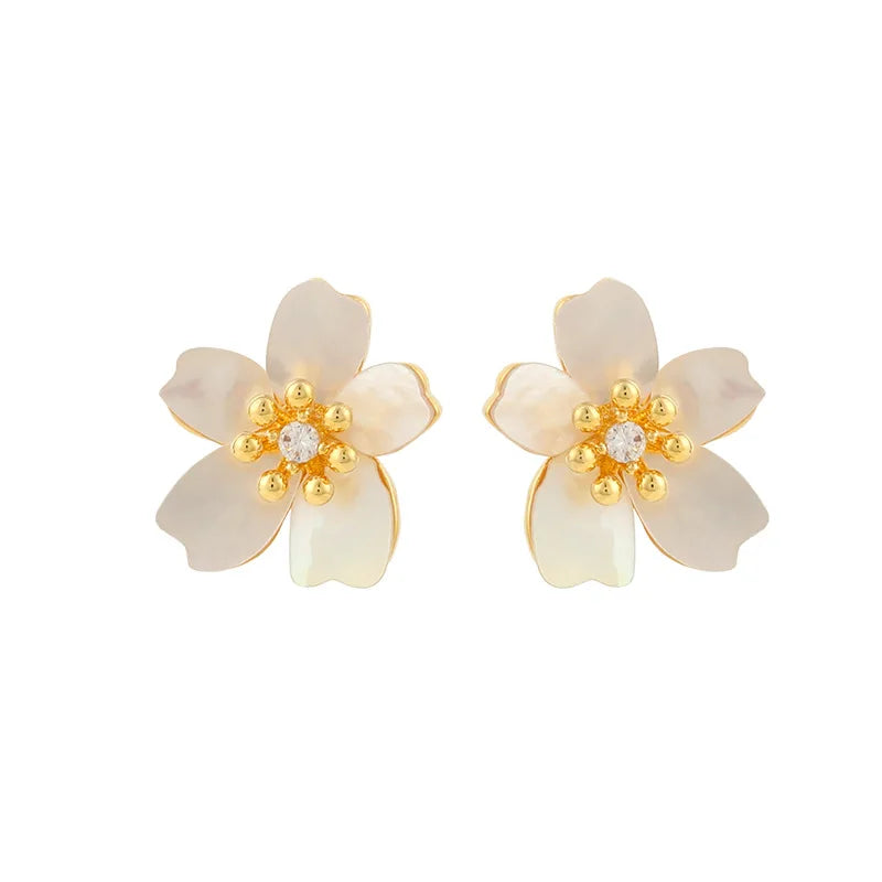 Elegant Sakura Flower Natural Shell Zircon Gold Alloy Stud & Clip On No Piercing Spiral Back Earrings