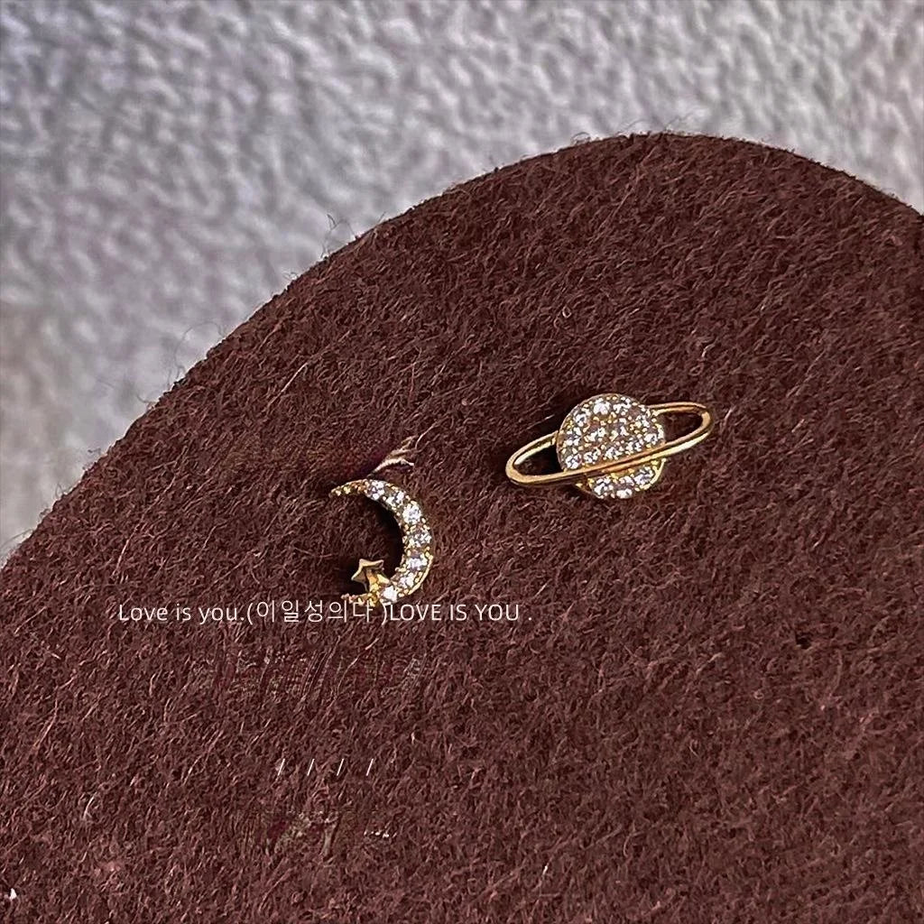 Micro Pave Zircon Star Moon Stud Earrings For Women, Simple Asymmetric Copper Mini Ear Jewelry