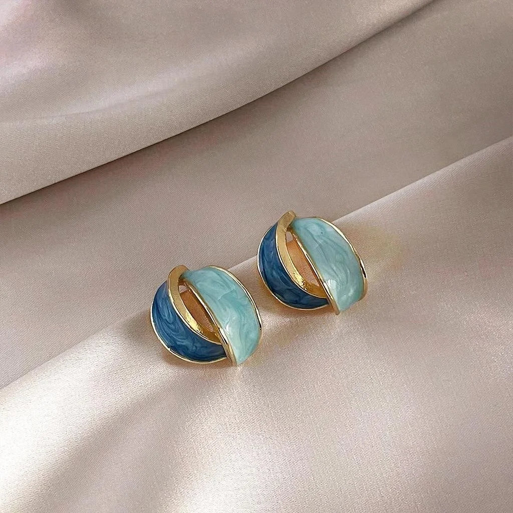Premium 14K Plated Copper Klein Blue Oval Geometric Cross Stud Earrings