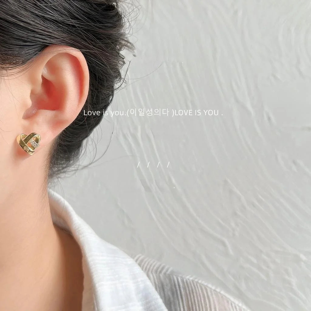 French Vintage Micro Pave Zircon Braided Heart Copper Stud Earrings With Silver Plated Pins