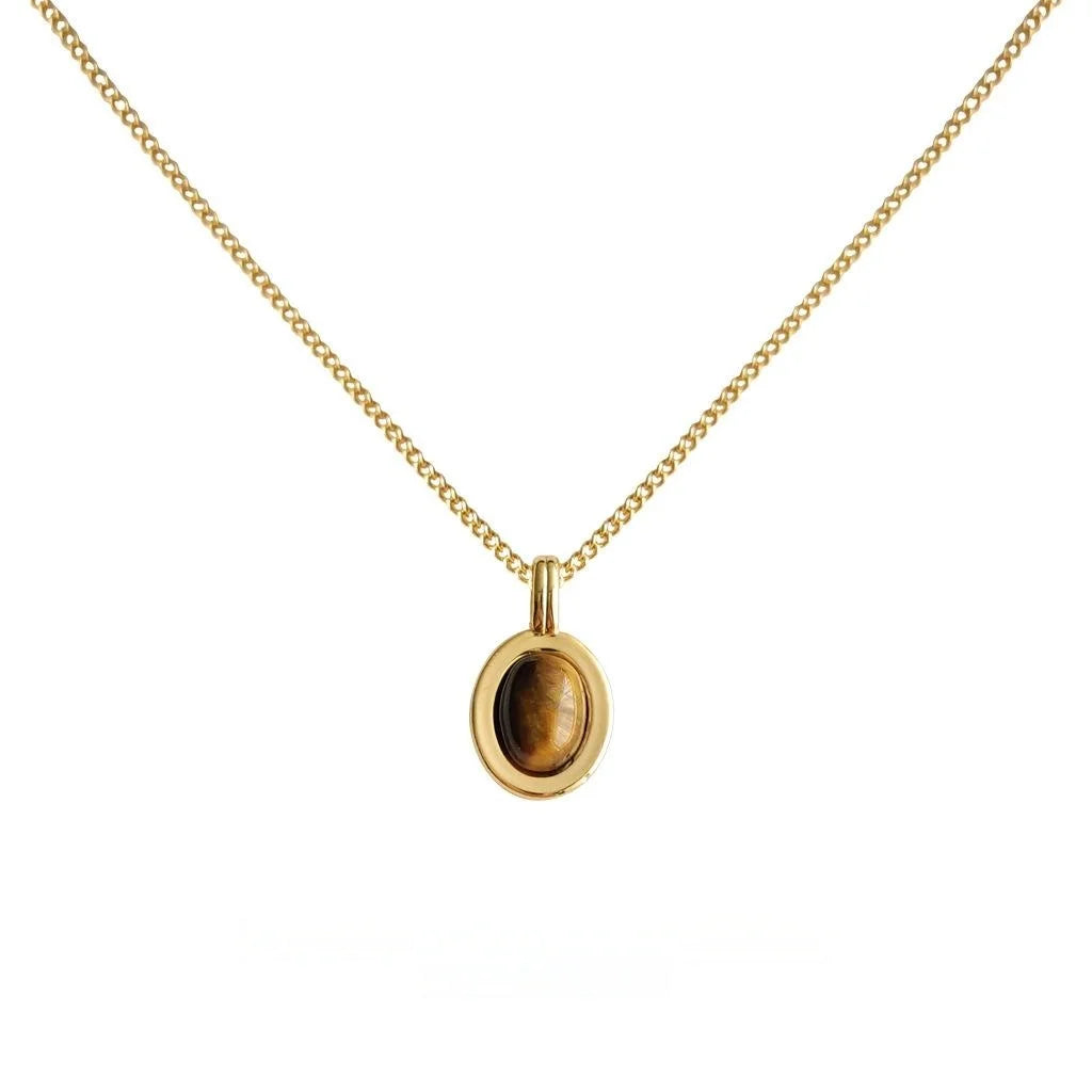 14K Gold Plated Copper Tiger Eye Stone Oval Geometric Clavicle Necklace For Women
