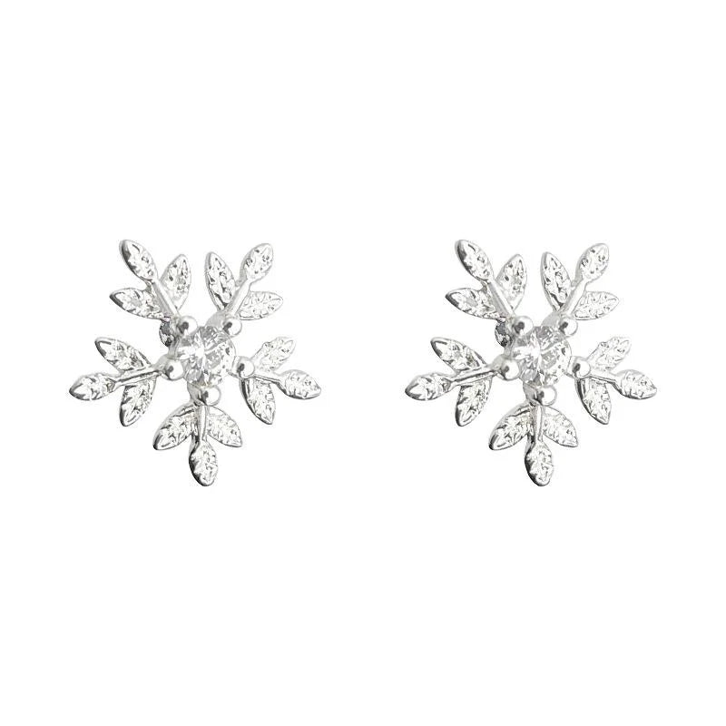 Sweet Snowflake Micro Pave Zircon Copper Stud Earrings, Silver Plated Winter Jewelry