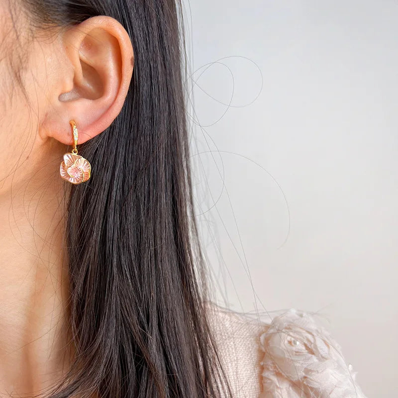 Elegant Pink Enamel Camellia Flower Rhinestone Spiral Drop Stud & Clip On No Piercing Earrings