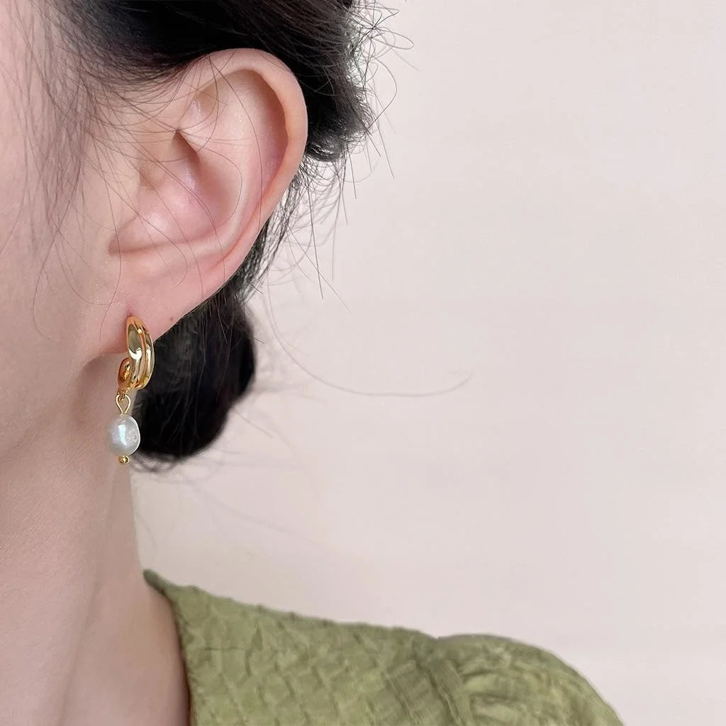 14K Gold Plated Copper Freshwater Pearl Drop Earrings Minimalist Geometric Hoop Design