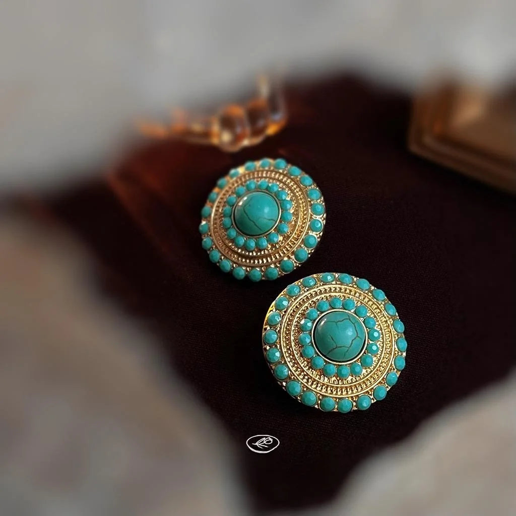 Vintage Ethnic Copper Synthetic Turquoise Geometric Round Stud Earrings