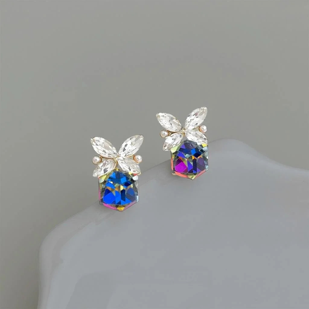 French Light Luxury Colorful 3D Glass Crystal Butterfly Stud Earrings Eco Copper Elegant Jewelry