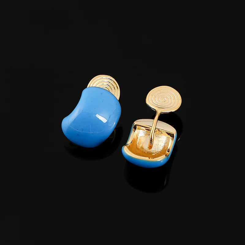 Elegant Klein Blue Enamel Rounded Bean Stud & Clip On No Piercing Women's Fashion Earrings
