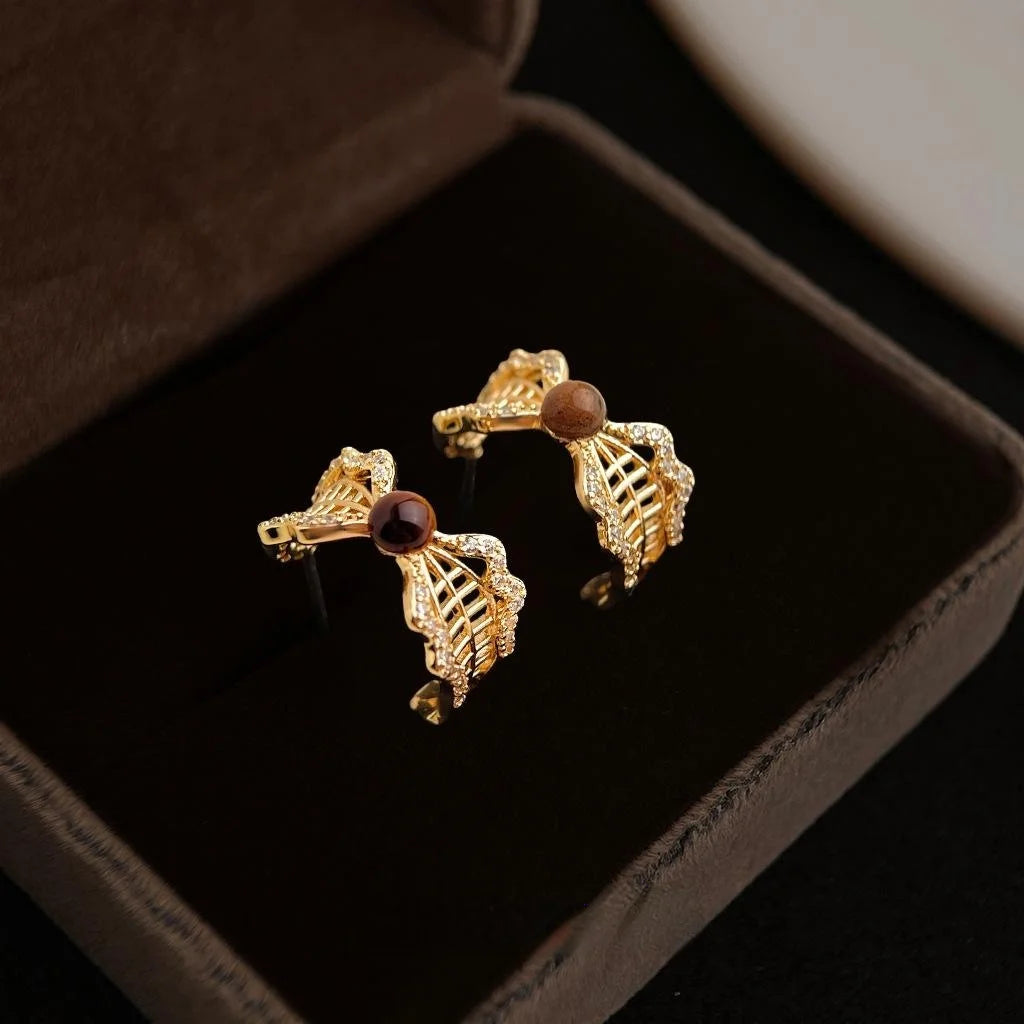 Vintage Maillard Bow Drop Earrings Copper Tiger Eye Stone Zircon Micro Pave Lace Edge