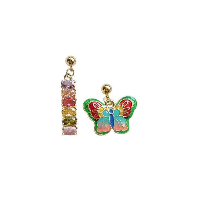 14K Gold Plated Copper Colorful Enamel Zircon Asymmetric Butterfly Stud Earrings