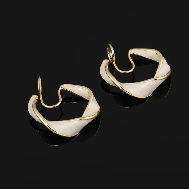 Elegant French White Enamel Spiral C Hoop Alloy Stud & Clip On No Piercing Statement Earrings