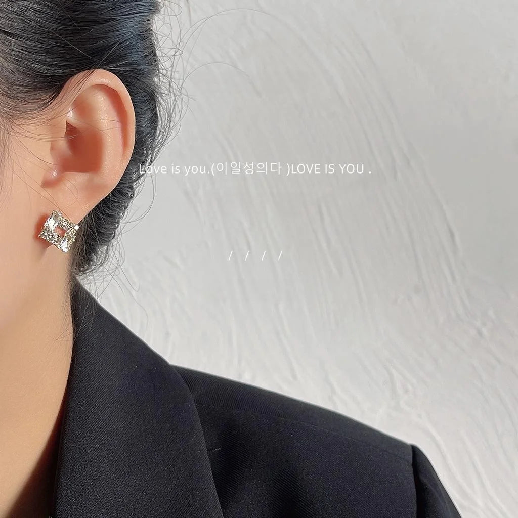 Micro Pave Zircon Copper Stud Earrings Minimalist Hollow Square Geometric Light Luxury Jewelry