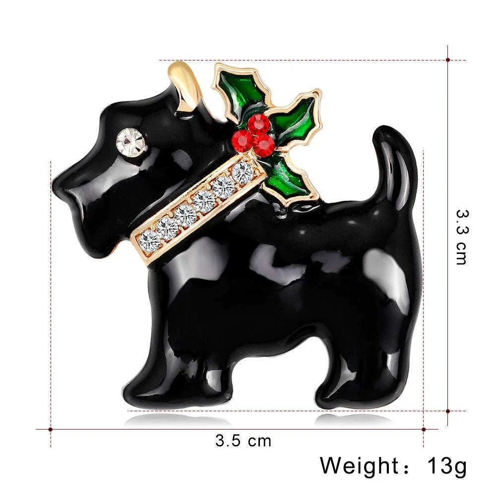 Cute Christmas White Dog Alloy Enamel Rhinestone Brooch Luxury Holiday Lapel Pin Suit Accessory Gift