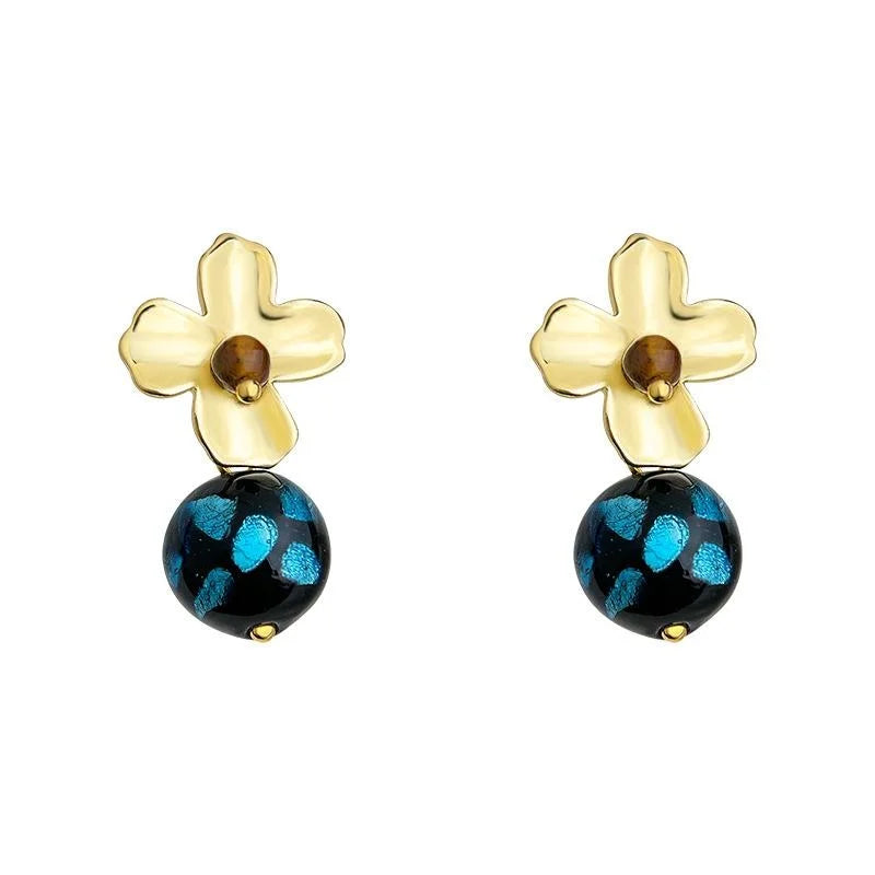Original Design Vintage Floral Handmade Glass Tiger Eye Copper Drop Earrings