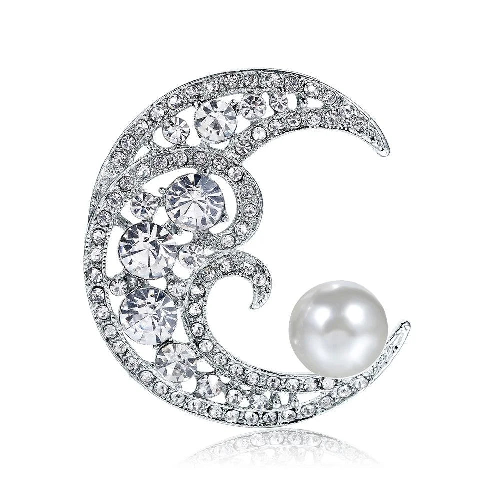 Elegant Crescent Moon Pearl Rhinestone Brooch For Women, Luxury Alloy Lapel Pin Corsage Suit Accessory Gift