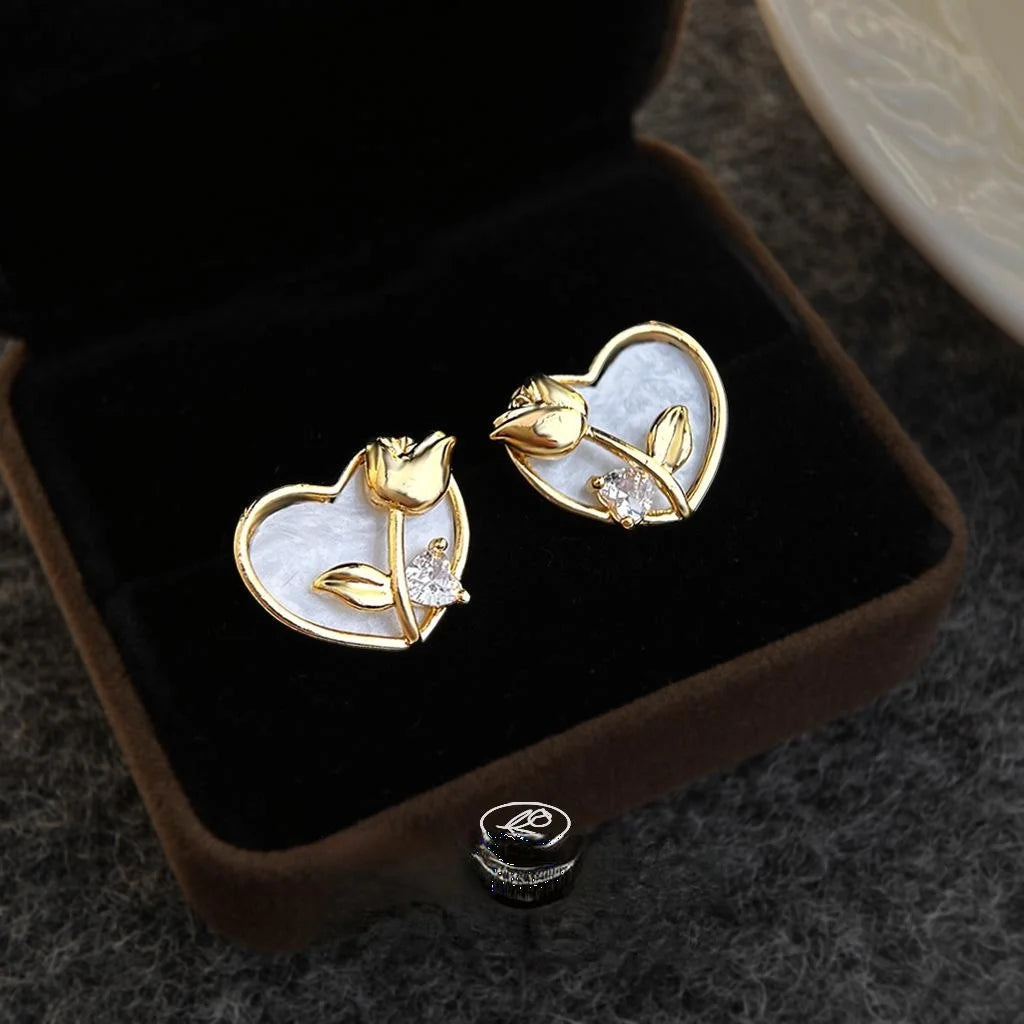 Modern Minimalist Copper Zircon Heart Tulip Flower Stud Earrings