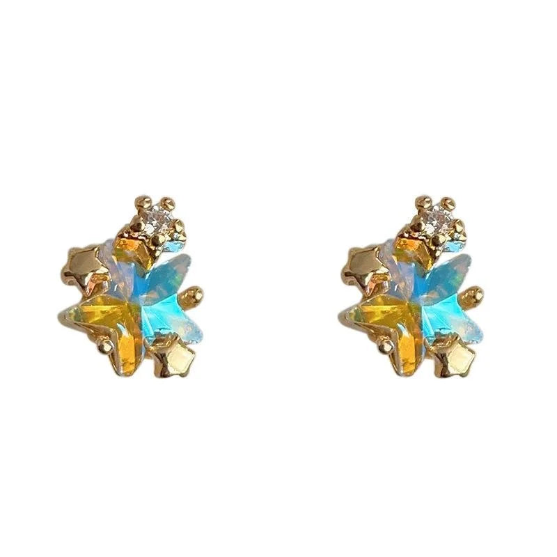 Sweet Iridescent Glass Butterfly Stud Earrings Copper Zircon Hollow Star Mini Jewelry