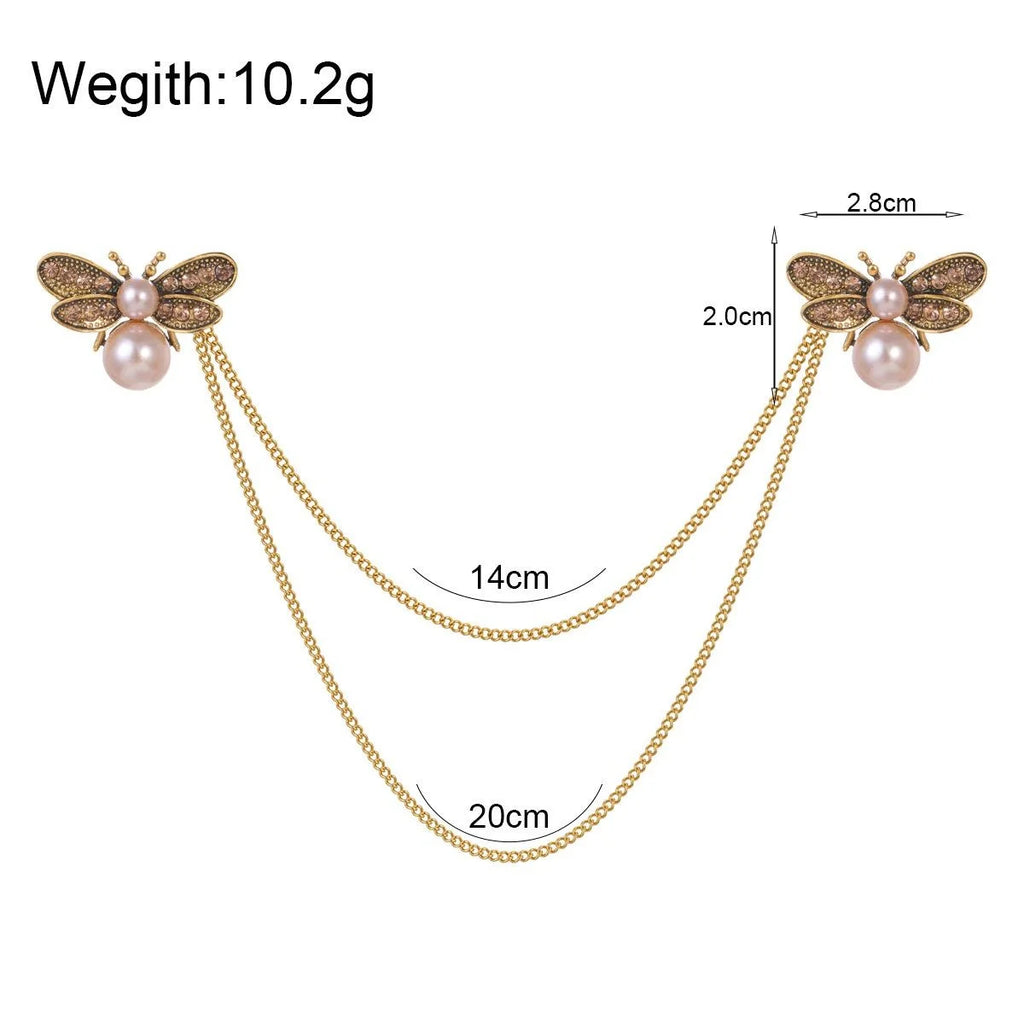 Elegant Rhinestone Pearl Bee Double Brooch With Draped Chain, Luxury Alloy Lapel Pin Corsage Suit Accessory Gift