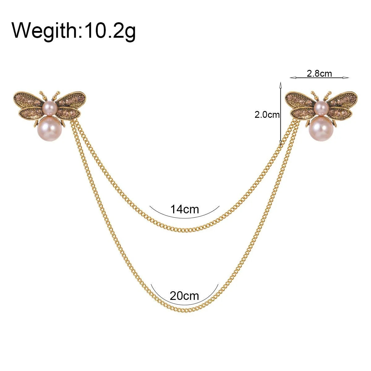 Elegant Rhinestone Pearl Bee Double Brooch With Draped Chain, Luxury Alloy Lapel Pin Corsage Suit Accessory Gift