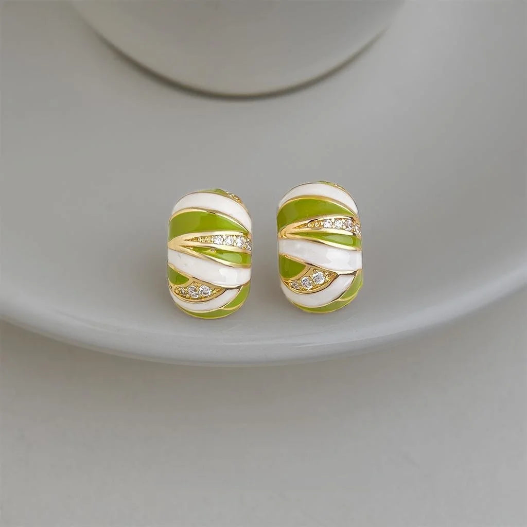 Green Zircon Micro Pave Copper C Shaped Hoop Earrings Geometric Line Commuter Jewelry