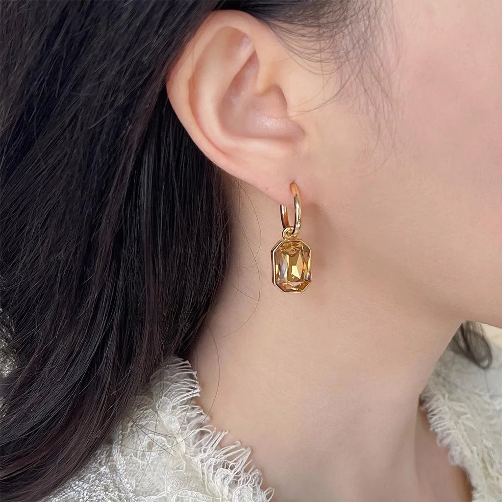 Real Gold Plated Copper Glass Crystal Geometric Drop Earrings Luxury Vintage Square Jewelry