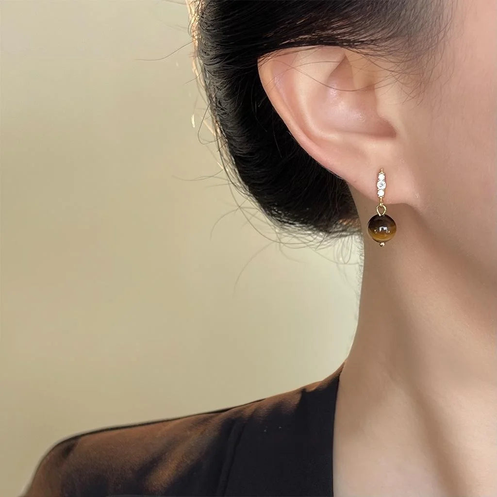 Natural Tiger Eye Zircon Geometric Round Drop Earrings Vintage Maillard Style for Women