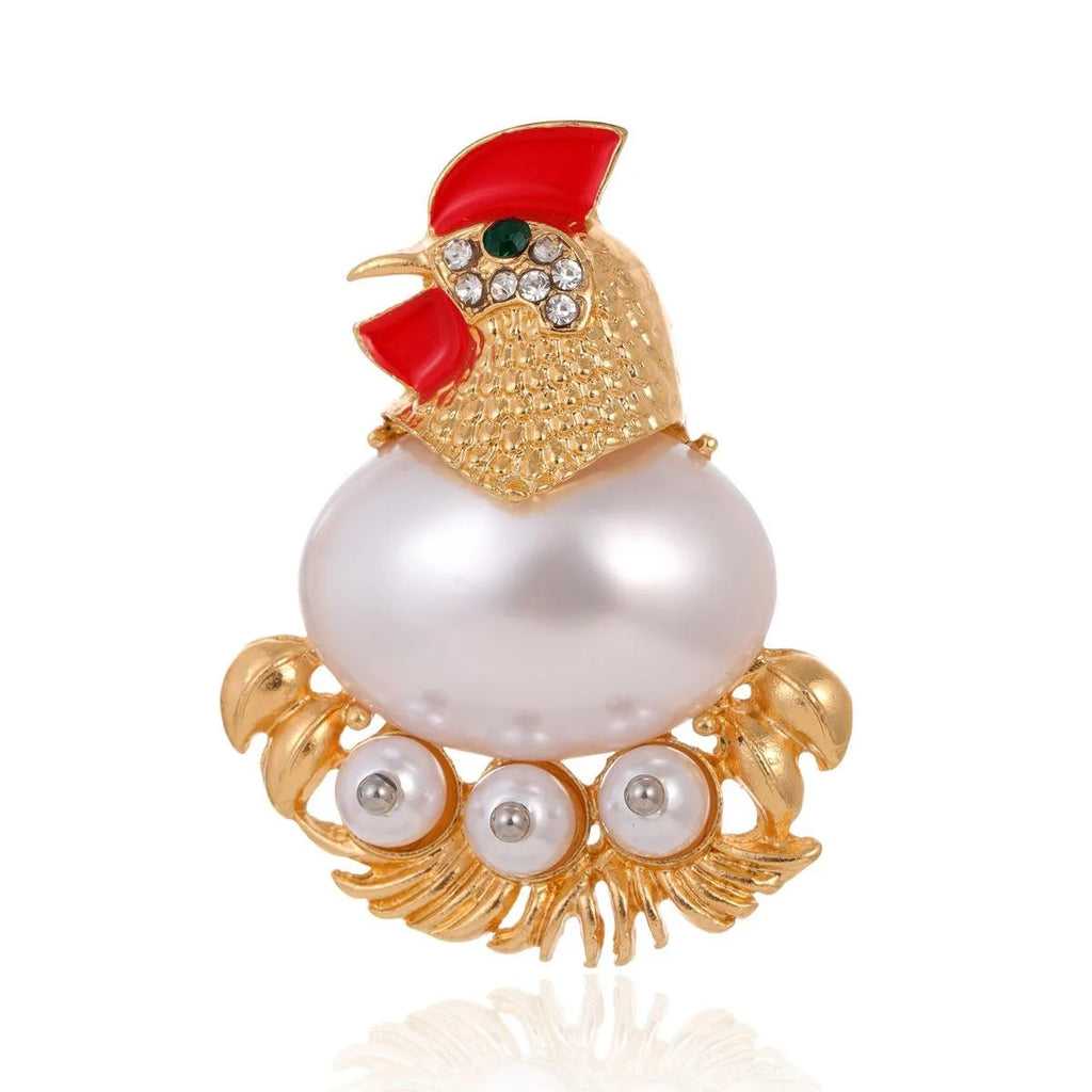 Vintage Pearl Rooster Brooch With Red Enamel And Rhinestone Accents, Elegant Women's Lapel Pin Gift