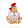 Vintage Pearl Rooster Brooch With Red Enamel And Rhinestone Accents, Elegant Women's Lapel Pin Gift