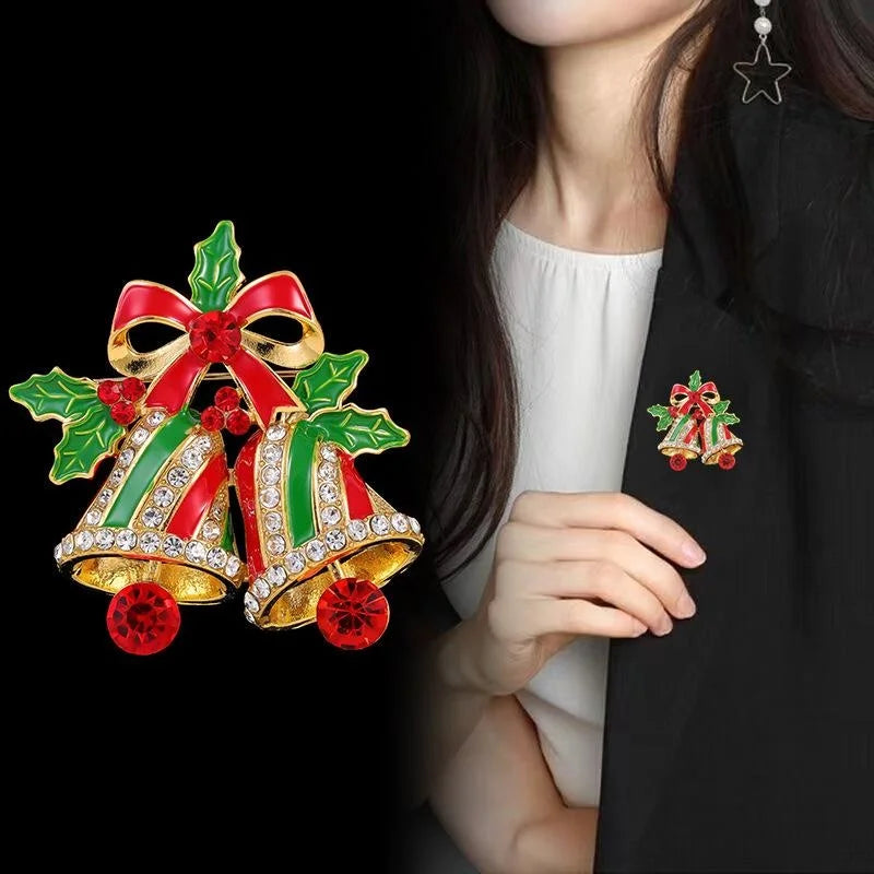 Luxury Christmas Bell Bow Enamel Rhinestone Brooch For Women, Festive Lapel Pin Corsage Gift