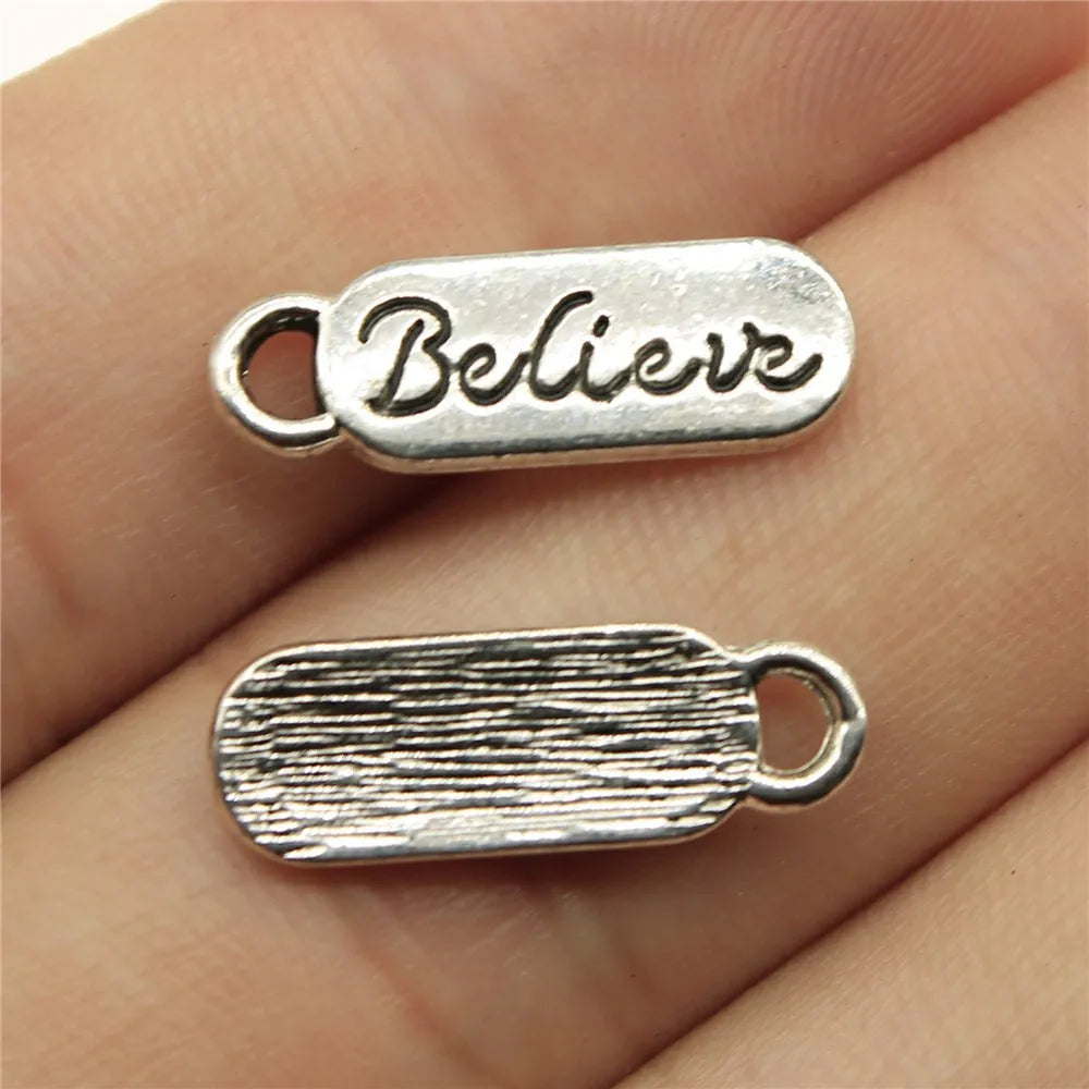 20x6mm 1g Antique Silver Zinc Alloy BELIEVE Word Tag Letter Charm Pendant for DIY Bracelet Necklace Making