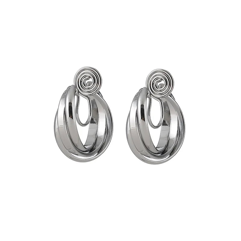 Elegant Silver Alloy Cross Hoop Spiral Coil Stud & Clip On No Piercing Minimalist Women's Earrings