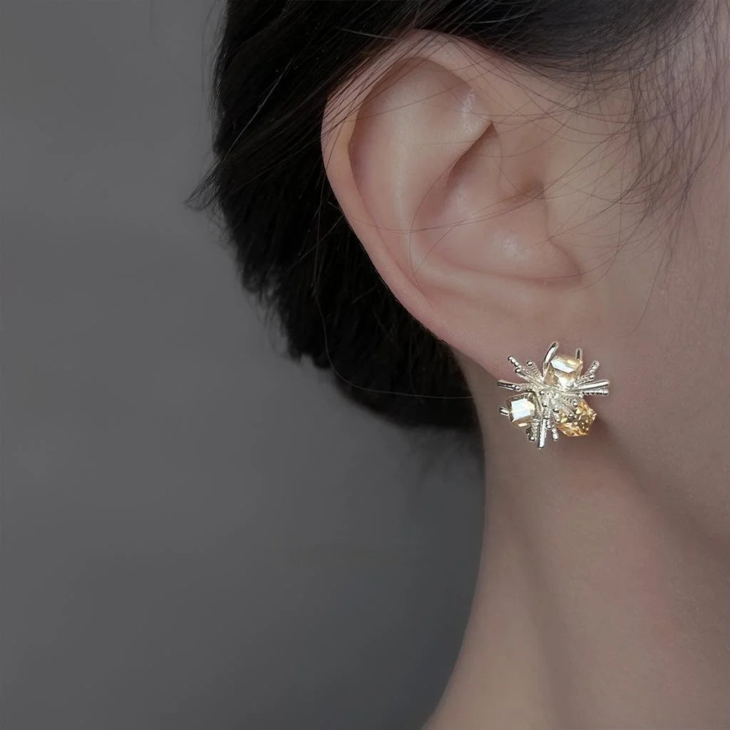 Coffee Tone Glass Crystal Flower Geometric Stud Earrings Silver Plated Copper Fashion Jewelry