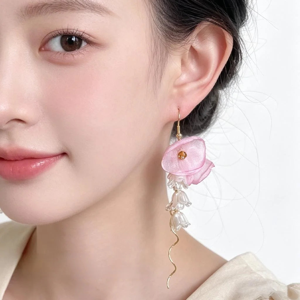 Handmade Copper Flower Tassel Drop Earrings For Women Sweet Summer Vacation Jewelry