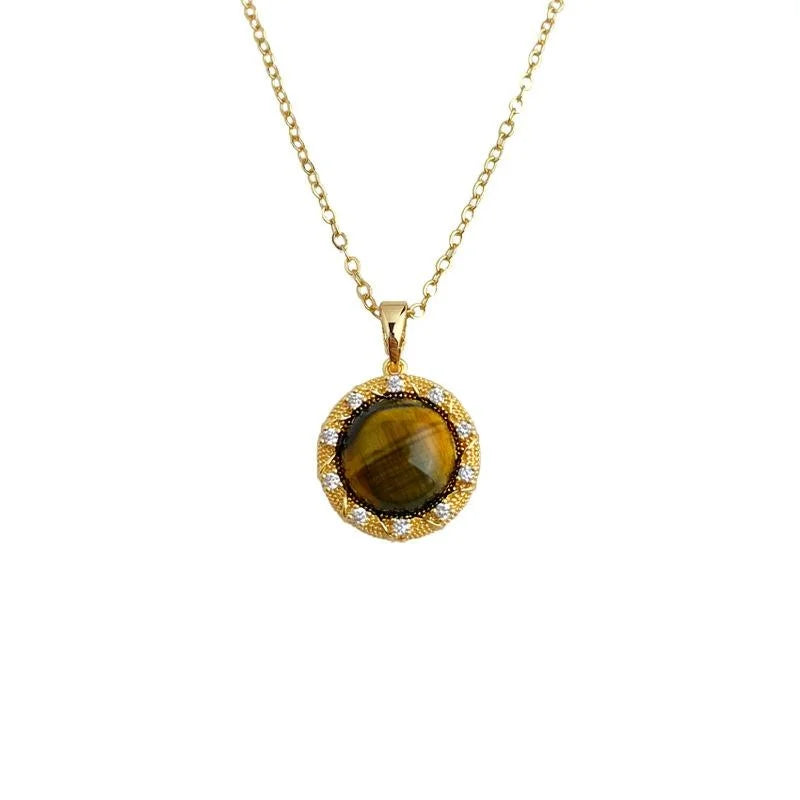 18K Gold Plated Natural Tiger Eye Stone Round Geometric Micro Pave Zircon Necklace