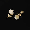Elegant Asymmetric Mother Of Pearl Rose Flower Gold Alloy Leaf Stud & Clip On No Piercing Earrings