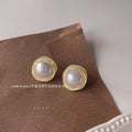 French Elegant Hepburn Style Copper Wrapped Pearl Round Stud Earrings For Women