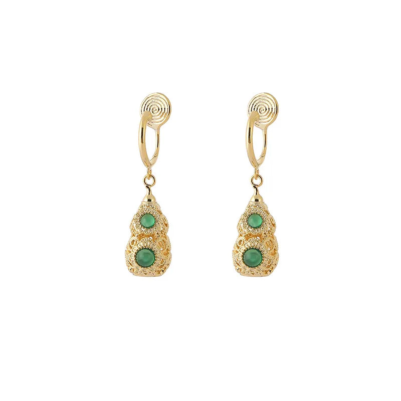 Vintage Luxury Hollow Gourd Filigree Green Crystal Alloy Drop Stud & Clip On No Piercing Earrings